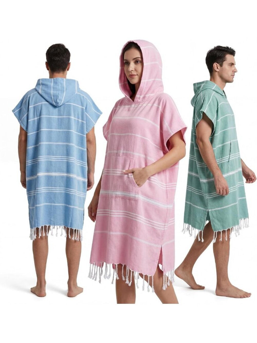 Twistover 3 Pcs Large Turkish Cotton Towel Poncho, Blue,Mint,Pink, L